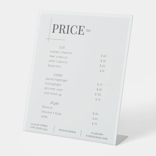 Minimalistische Preise für Weißer Schönheitssalon Sockelschild (Vorderseite)