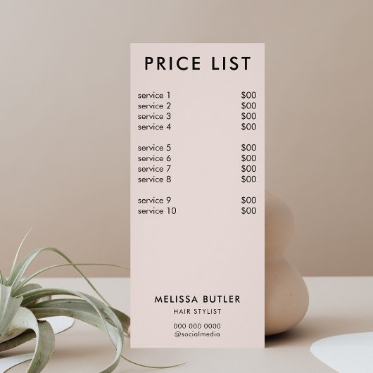 Minimalistische Preisliste Blush Beige Rack Card Werbekarte