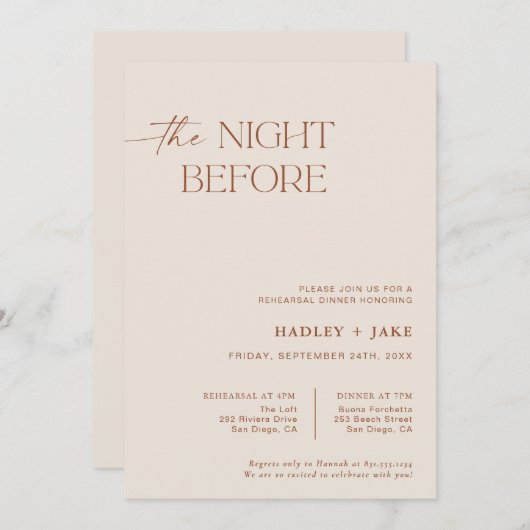 Minimalistische Probe Abendessen einladen | Nacht  Einladung (Vorne/Hinten)