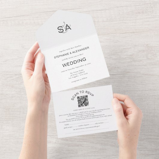 Minimalistische QR Code Schwarz-weiß Hochzeit All In One Einladung (Abreißen)