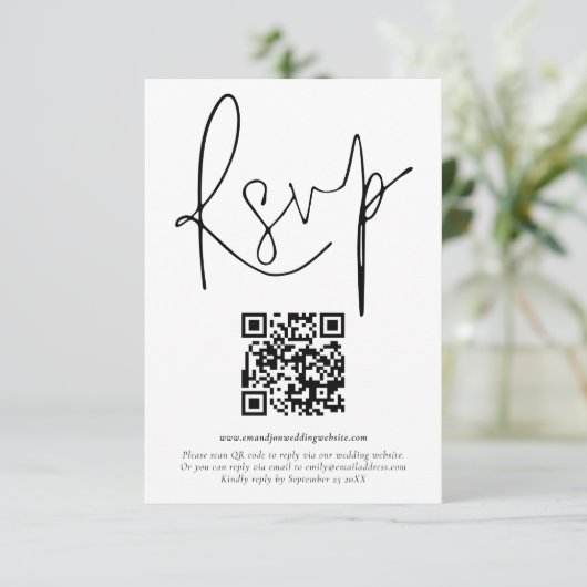 Minimalistische QR-Code-Skript-Hochzeitkarte für R Einladung (Stehend Vorderseite)