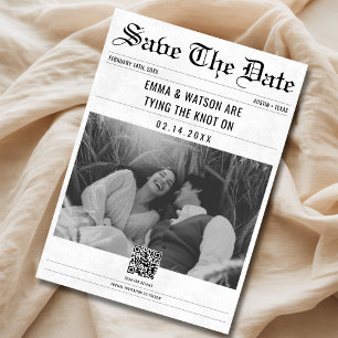 Minimalistische QR-Code Vintage-Zeitungsfoto-Hochz Save The Date
