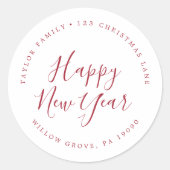 Minimalistische Red Happy New Year Circle Address Runder Aufkleber (Vorderseite)
