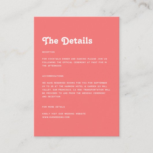 Minimalistische Retro Coral Pink Hochzeitsdetails Begleitkarte (Vorderseite)
