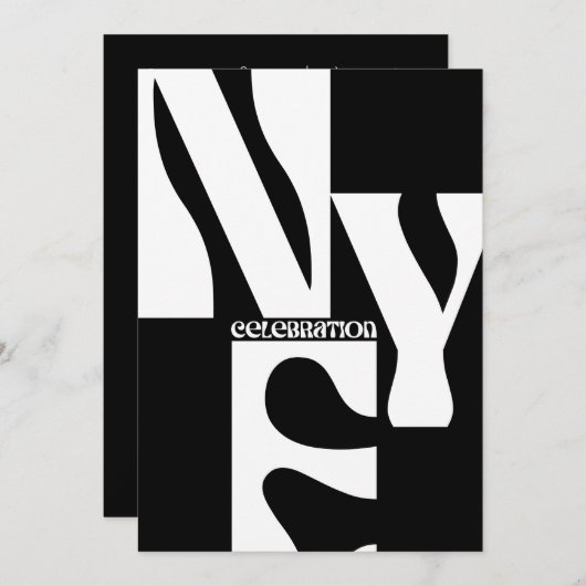 Minimalistische Retro-Neujahrs in Schwarzweiß Einladung (Vorne/Hinten)