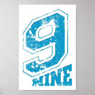 Minimalistische Retro Typografie Blue Number Nine Poster