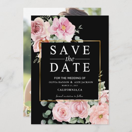 Minimalistische rosa Blume Foto Black Wedding Save The Date (Vorne/Hinten)
