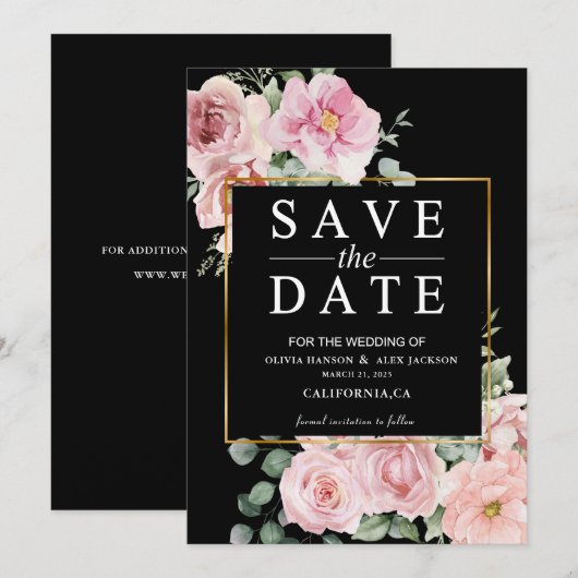Minimalistische rosa Blume Foto Black Wedding Save The Date (Vorne/Hinten)