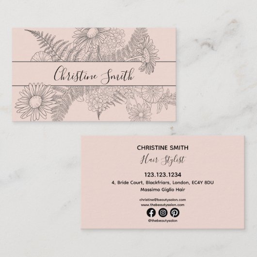 Minimalistische Rosa Blush Line Gezeichnet Blumenb Visitenkarte (Vorne/Hinten)