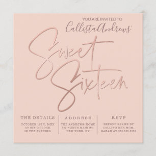 Minimalistische Rosa-Gold-Typografie Sweet 16 Einladung