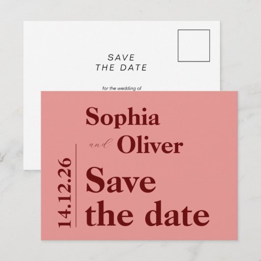 Minimalistische rosa Typografie Save the Date Postkarte (Vorne/Hinten)