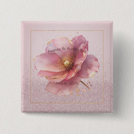 Minimalistische rosa und goldene Mohn-Hochzeit Button (Vorderseite)