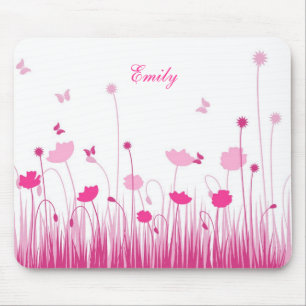 Minimalistische Rosa- und Weißmohnblüte Name Mousepad
