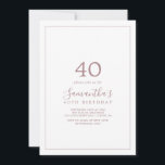 Minimalistische Rose Gold 40. Geburtstag Einladung<br><div class="desc">Diese minimalistische Rose Gold 40. Geburtstag Einladung ist perfekt für eine einfache Geburtstagsfeier. Das moderne romantische Design besticht durch klassische Rose-Gold- und Weißtypografie gepaart mit einer rustikalen und eleganten Kalligraphie mit Vintagem handgeschriebenem Stil. Anpassbar in jeder Farbe. Behalt das Design einfach und elegant, wie es ist, oder personalisiere es durch...</div>