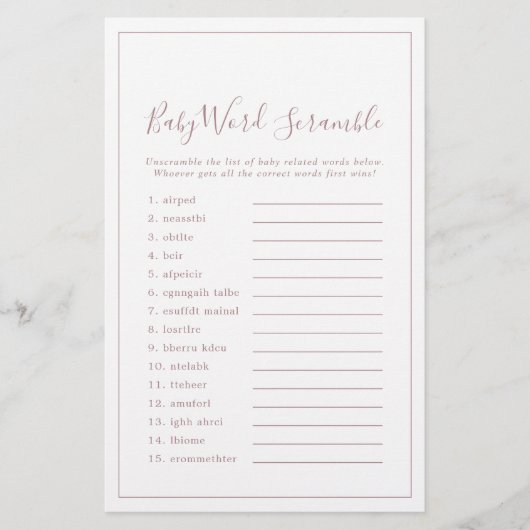 Minimalistische Rose Gold Baby Word Scramble Game (Vorderseite)