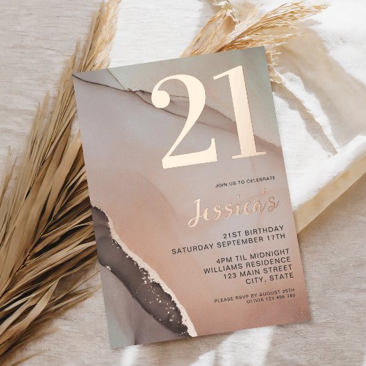 Minimalistische Rose Gold Chic Wasserfarbe 21. Geb Folieneinladung