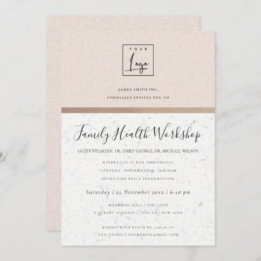 Minimalistische ROSE GOLD GLITZER SEMINAR TALKVERA Einladung (Vorne/Hinten)