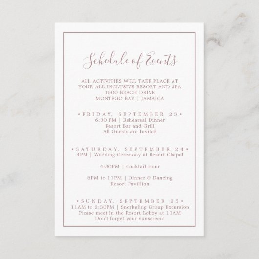 Minimalistische Rose Gold Hochzeitsprogramm Begleitkarte (Vorderseite)