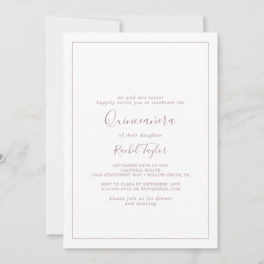 Minimalistische Rose Gold Quinceañera Einladung (Vorderseite)