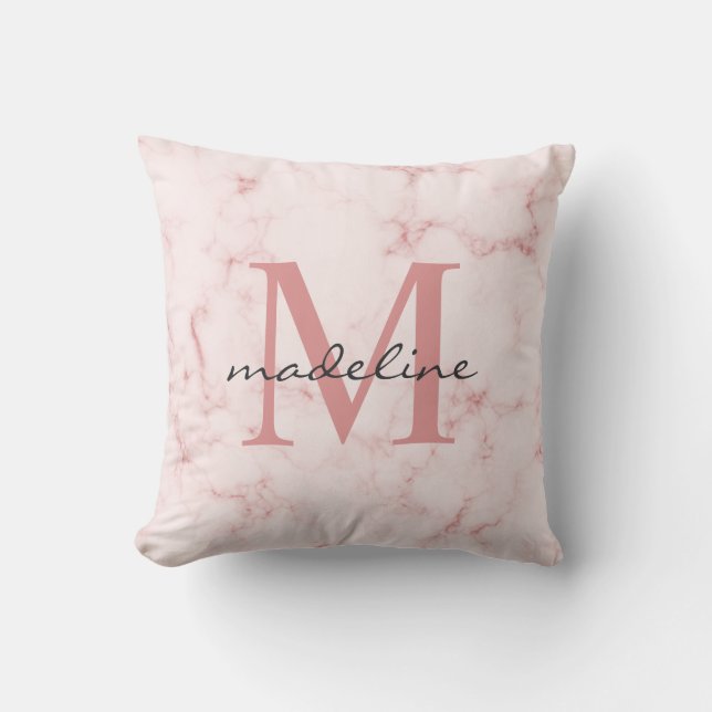 Minimalistische Rose Gold rosa Marmormonogramm Kissen (Vorderseite)