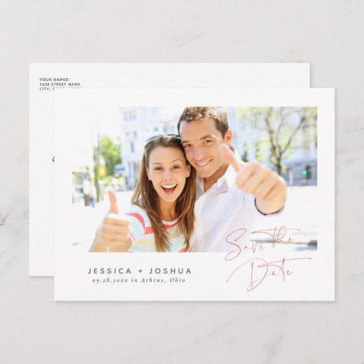 Minimalistische Rose Gold Script Foto Save the Dat Postkarte (Vorne/Hinten)