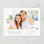 Minimalistische Rose Gold Script Foto Save the Dat Postkarte (Vorderseite)