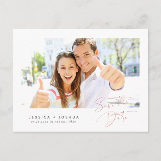 Minimalistische Rose Gold Script Foto Save the Dat Postkarte (Vorderseite)
