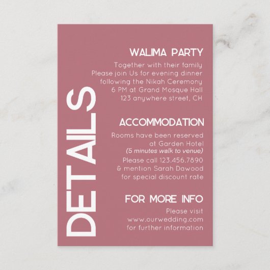 Minimalistische Rose Gold Typografie Hochzeitdetai Begleitkarte (Vorderseite)