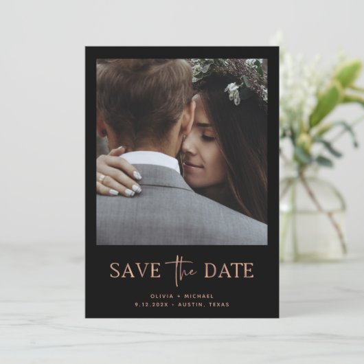 Minimalistische Rose Gold und Schwarz | Ein Foto Save The Date (Stehend Vorderseite)