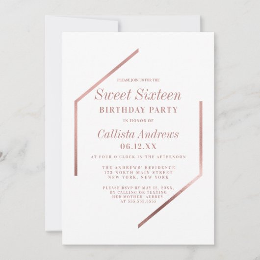 Minimalistische Rose Gold Weißer Georahmen Sweet 1 Einladung (Vorderseite)