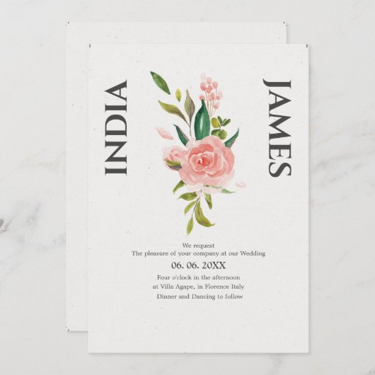 Minimalistische Rose- und Blatthochzeit Einladung (Vorne/Hinten)