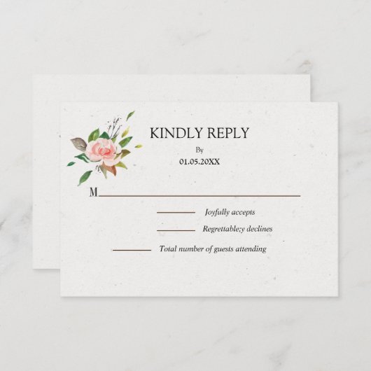 Minimalistische Rose- und Blatthochzeit RSVP Karte (Vorne/Hinten)