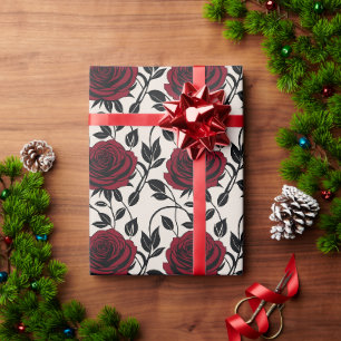 Minimalistische Rosen in Schwarz und Tiefrot auf C Geschenkpapier