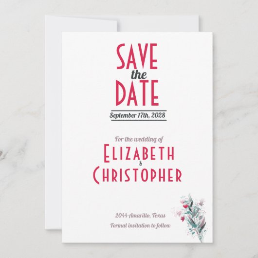 Minimalistische Rote Flora Save the Date-Karte Save The Date (Vorderseite)