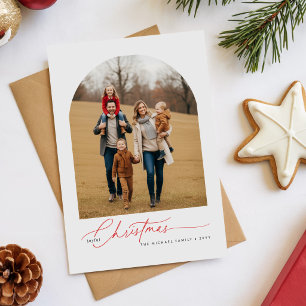 Minimalistische rote fröhliche Weihnachtsfamilienf Feiertagspostkarte
