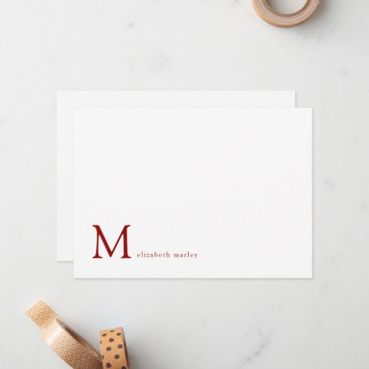 Minimalistische Ruby Red Monogram Korrespondenz Mitteilungskarte (Vorderseite/Rückseite Beispiel)