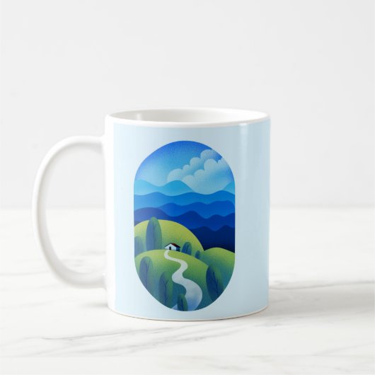 Minimalistische Ruhe Inspiration Landschaft Blaue Kaffeetasse (Links)