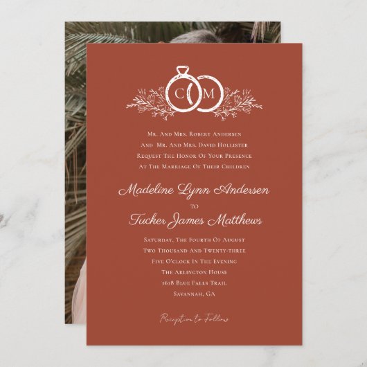 Minimalistische Rust Wedding Rings Foto Hochzeit Einladung (Vorne/Hinten)