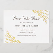 Minimalistische rustikale Gold-Blätter Save the Da Folieneinladung (Vorderseite)