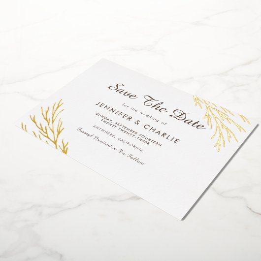 Minimalistische rustikale Gold-Blätter Save the Da Folieneinladung (Gedreht)