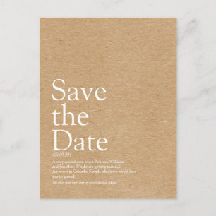 Minimalistische Rustikale Kraft Save-the-Date-Defi Ankündigungspostkarte