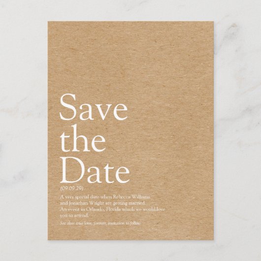 Minimalistische rustikale Save the Date Definition Postkarte (Vorderseite)