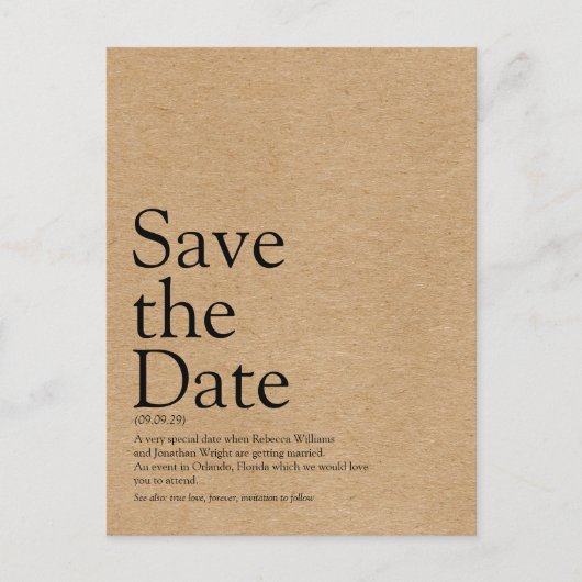 Minimalistische rustikale Save the Date Definition Postkarte (Vorderseite)