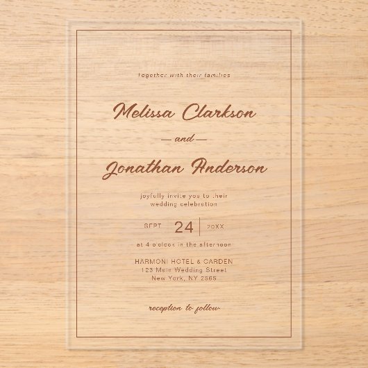 Minimalistische Rustikale Terracotta-Script-Border Acryleinladungen (Vorderseite)