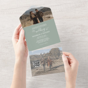 Minimalistische Sage-Grün-QR-Code-RSVP-Hochzeit All In One Einladung