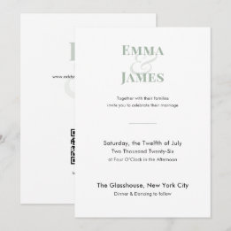 Minimalistische Salbei-Hochzeitseinladung | QR-Cod Einladung