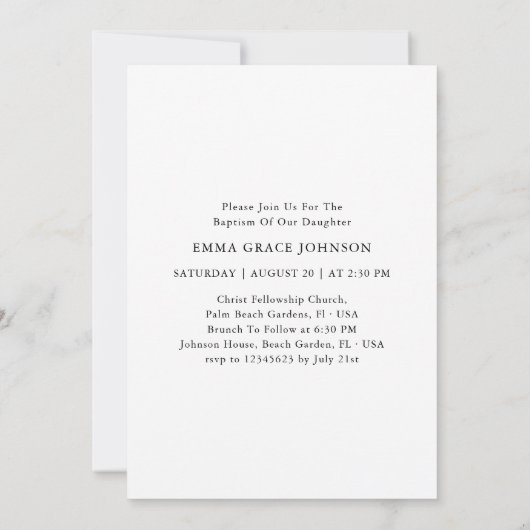 Minimalistische saubere katholische Schwarz-Weiß-T Einladung (Rückseite)