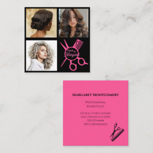 Minimalistische Schere Pink Schwarz Foto Friseursa Quadratische Visitenkarte