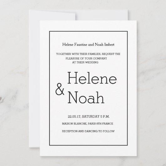 Minimalistische schick moderne Schwarz-weiße Hochz Einladung (Vorderseite)