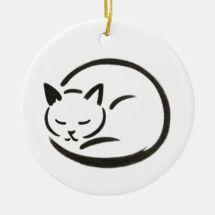 Minimalistische Schlafkatze - Tintenbürste Design Keramik Ornament